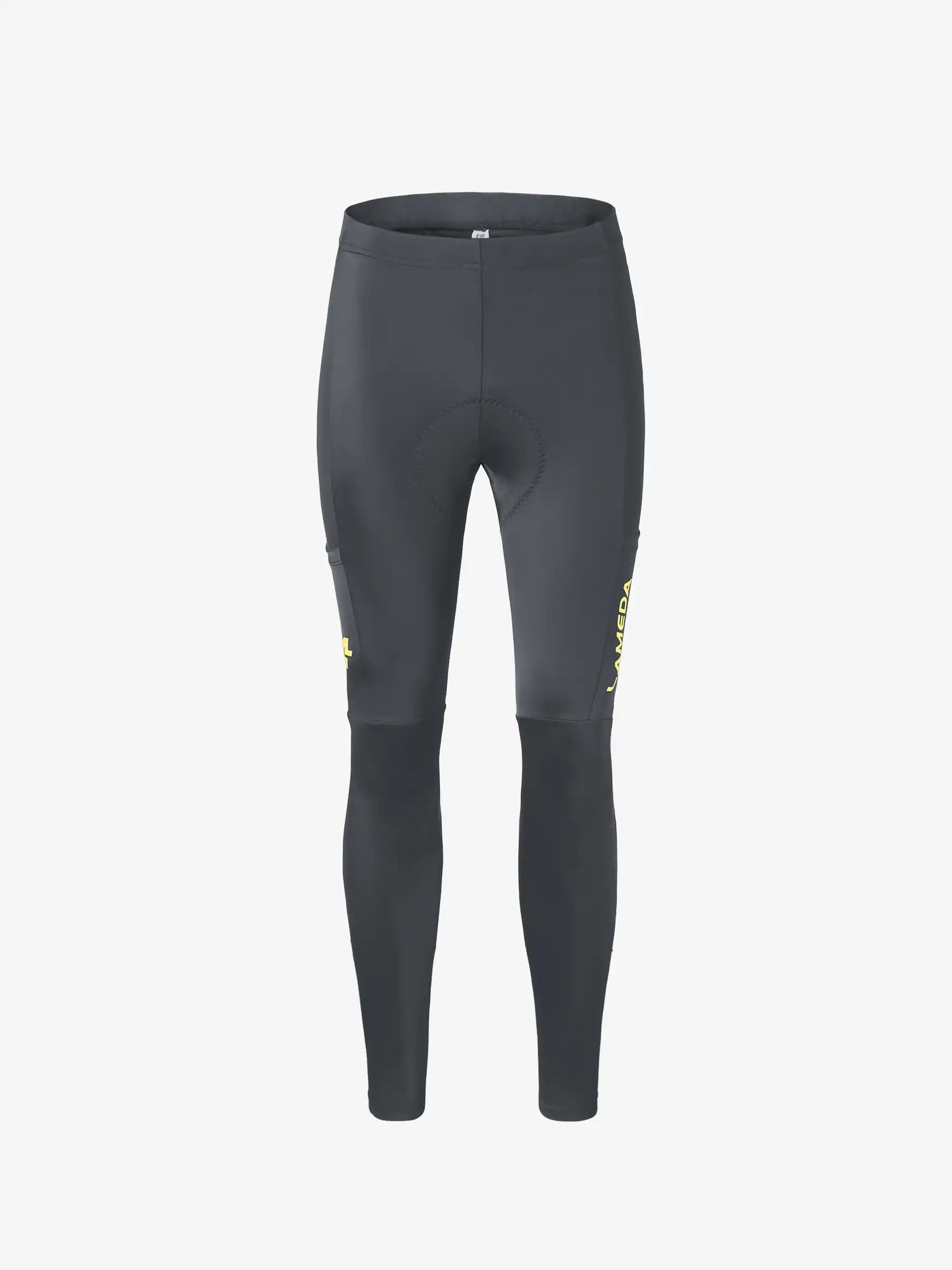 Mörkgrå LAMEDA damcykeltights med neongul varumärkesmärkning vid elastisk interface på sidan för termisk användning