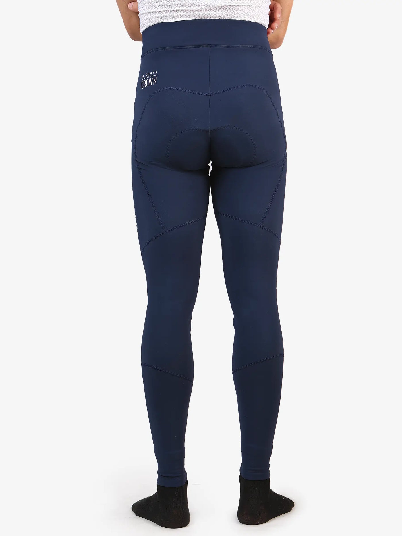 Bakifrån av mörkblå högmiddade future herr termiska tights med diskret logotyp lämpliga för tidig vinteranvändning