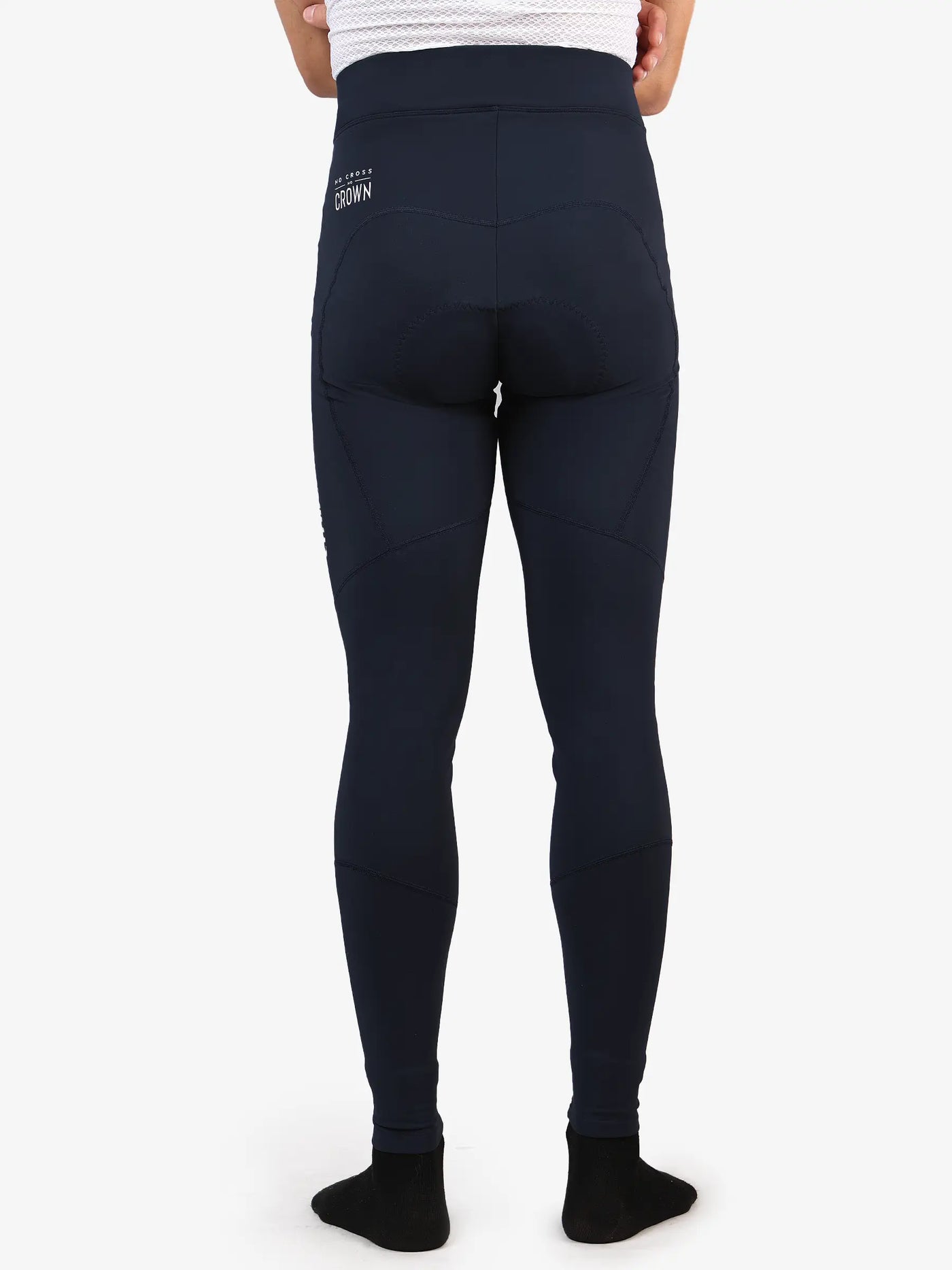 Bakvy av marinblå högmidjade termiska tights med diskret varumärkeslogotyp för tidig vinteranvändning