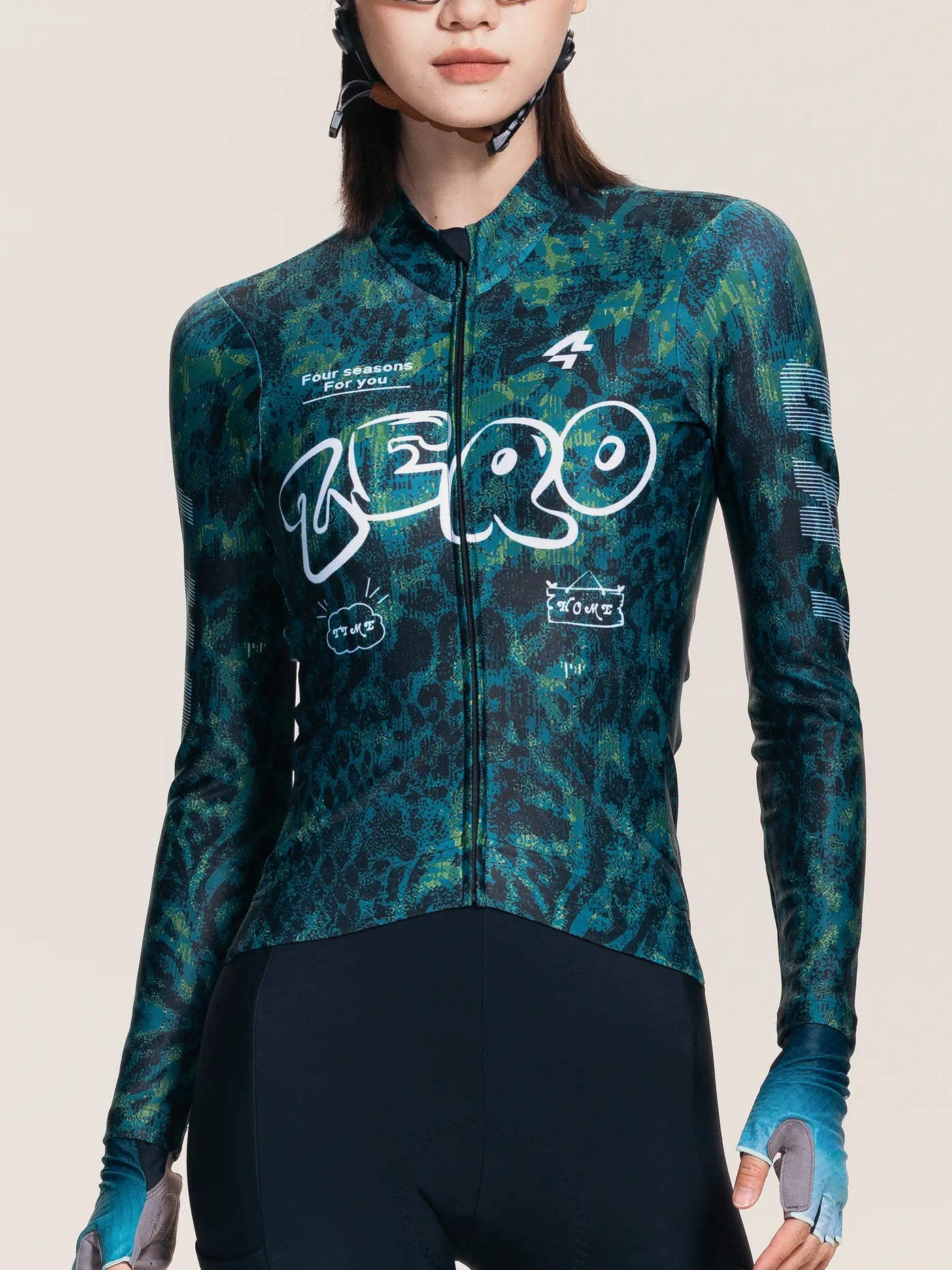 Unisex fleecefodrad termisk cykeltröja Z808 i grönt med teal och svart mönster och vit zero grafik på bröstet i vattenavvisande tyg