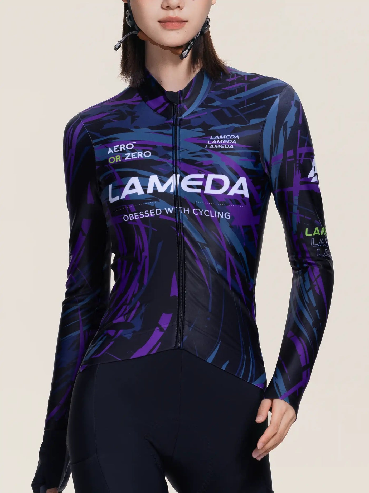 Unisex fleecefodrad termisk cykeltröja z808 lila med svart abstrakt mönster och vit LAMEDA-märkning tillverkad av vattenavvisande tyg