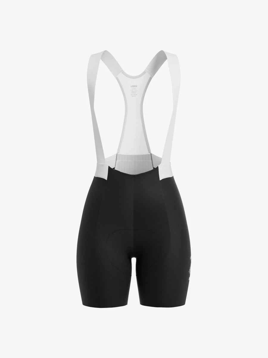 LAMEDA luminance vrouwen zwartkleurige fiets bibshorts met witte ondersteunende schouderbanden en achterzak voor gebruiksgemak