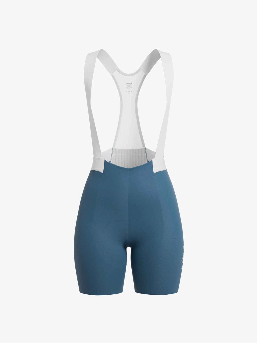 Luminance korte fietsbretelbroek voor vrouwen in nevelblauw met witte ademende mesh rugbanden en achterzak door LAMEDA