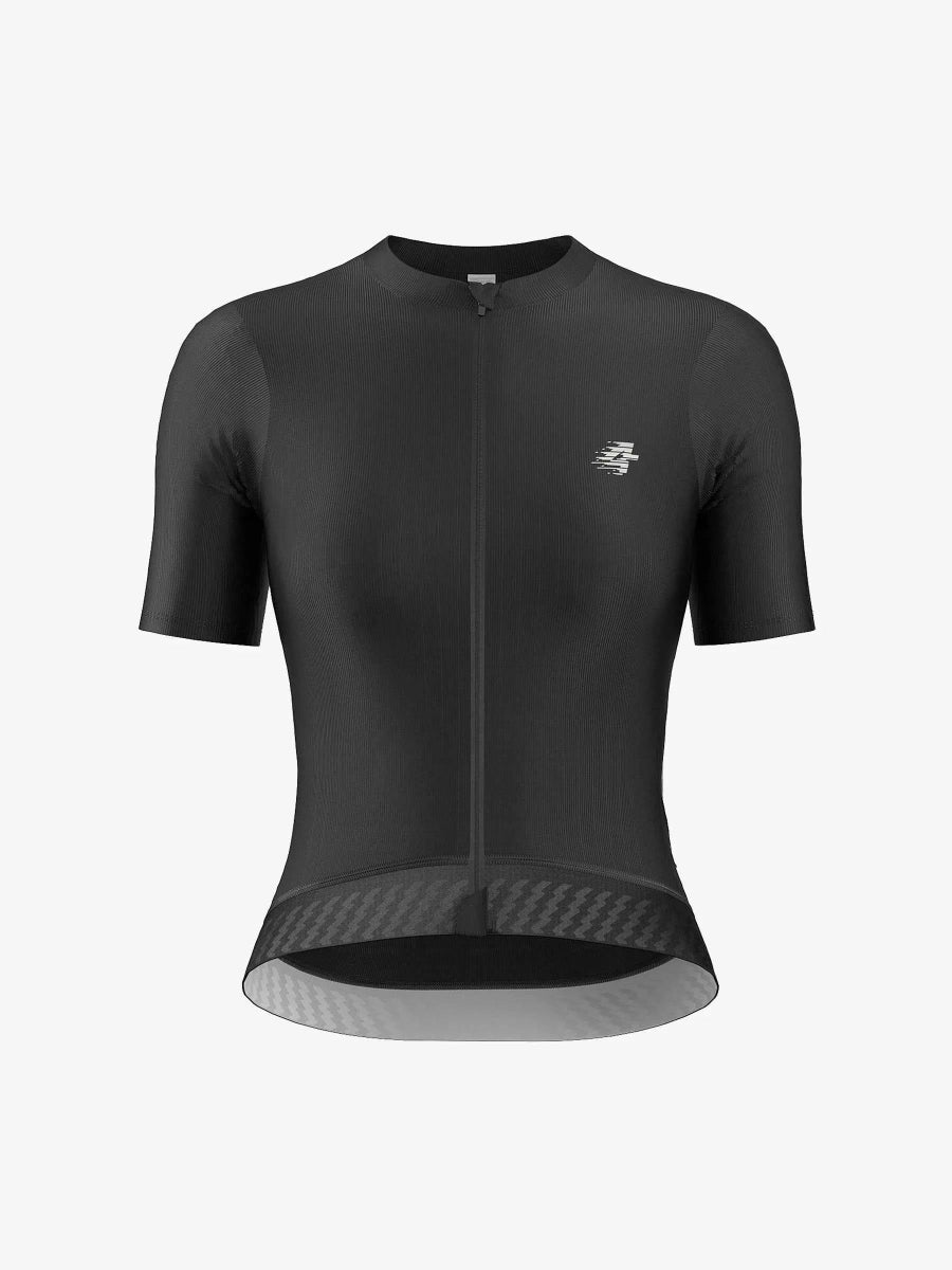 Melody damcykeltröja svart med diskret texturerat mönster och litet vitt logo lämplig för LAMEDA Melody cykelturer
