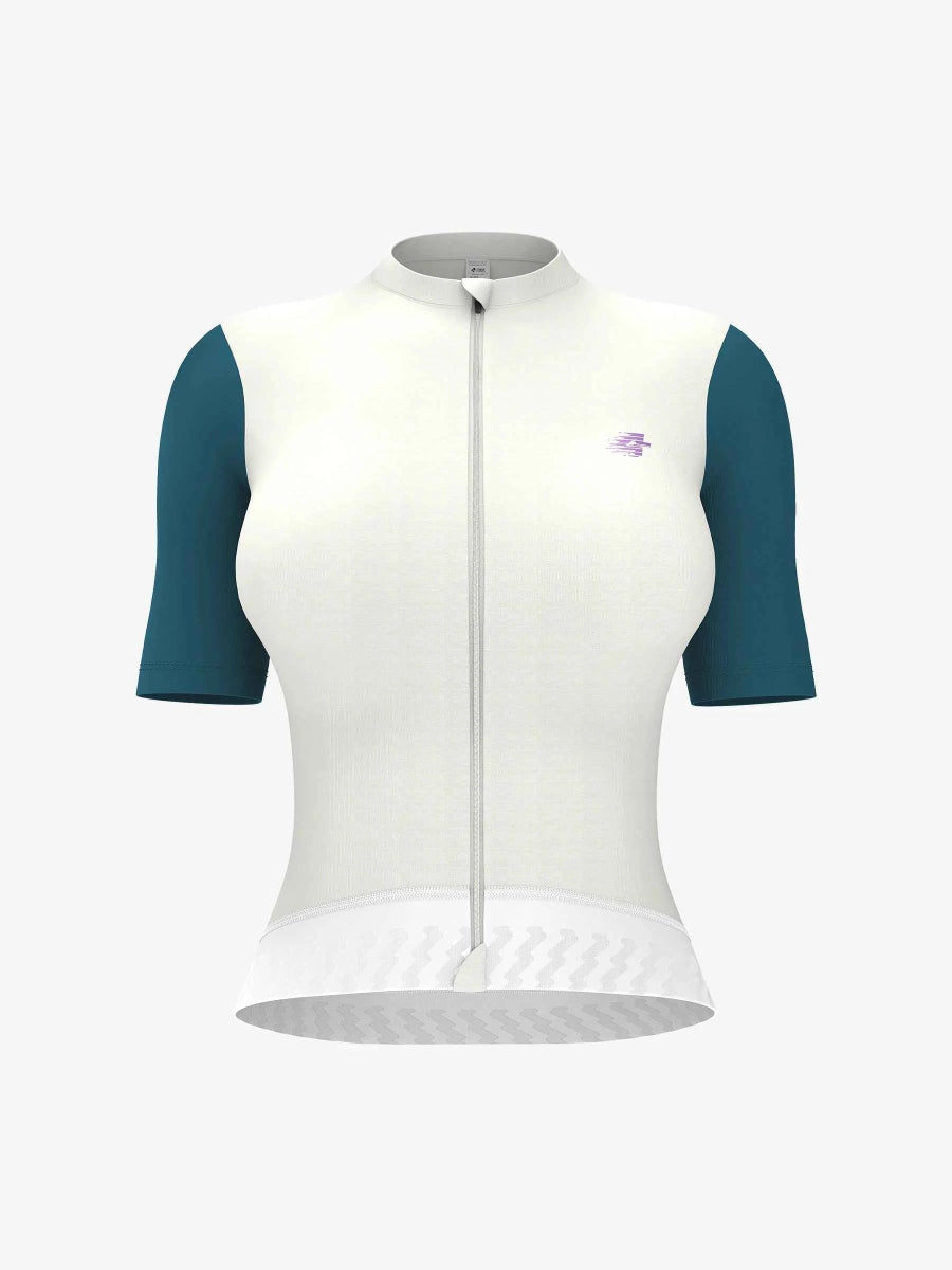Vit och teal melody damcykeltröja med självlåsande blixtlås och dubbelskiktade fickor i cloud blend-tyg