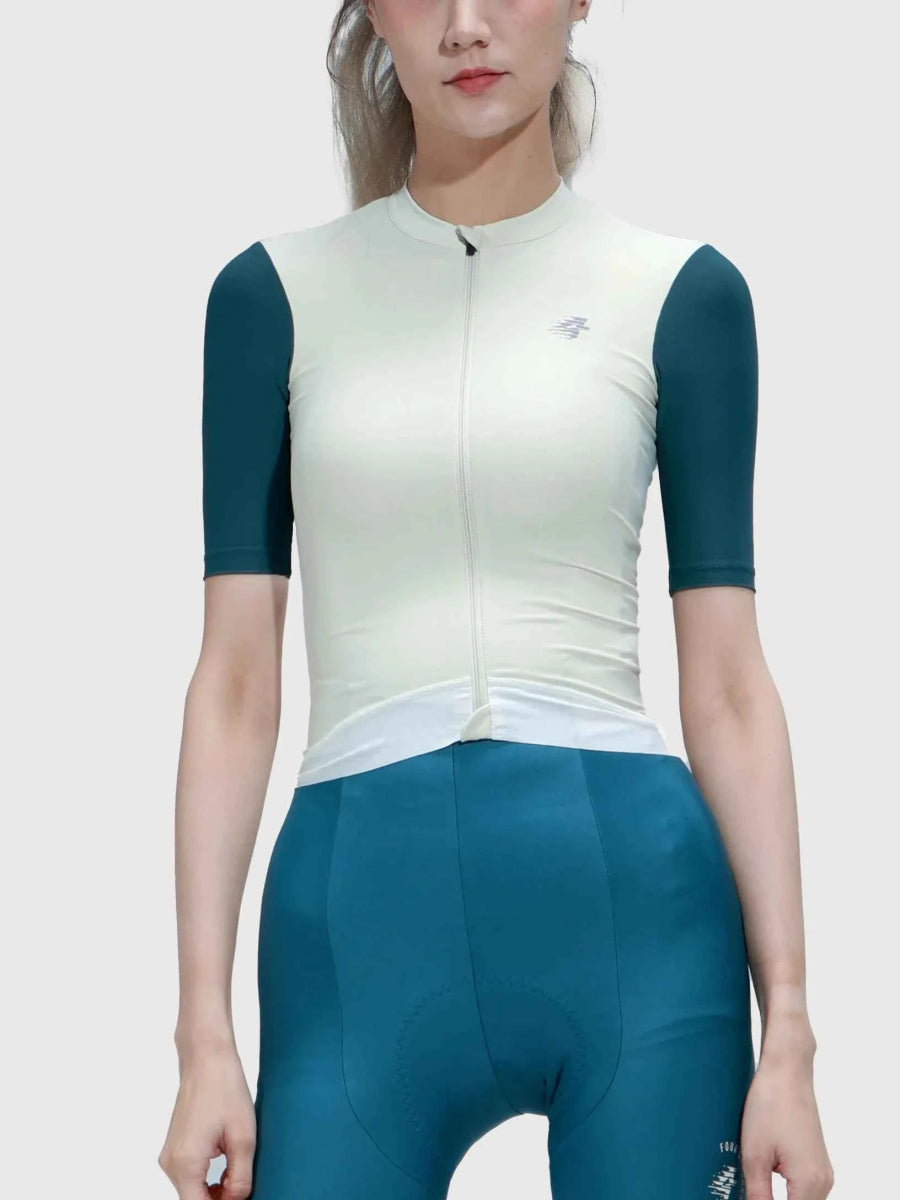 Melody damcykeltröja gräddvit kropp mörk teal ärmar med självlåsande dragkedja och diskret LAMEDA Melody logo