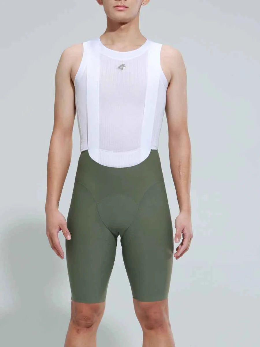 Men’s pro bib shorts 2025sss493 green with white and olive elastic interface padding and breathable mesh upper torso panel