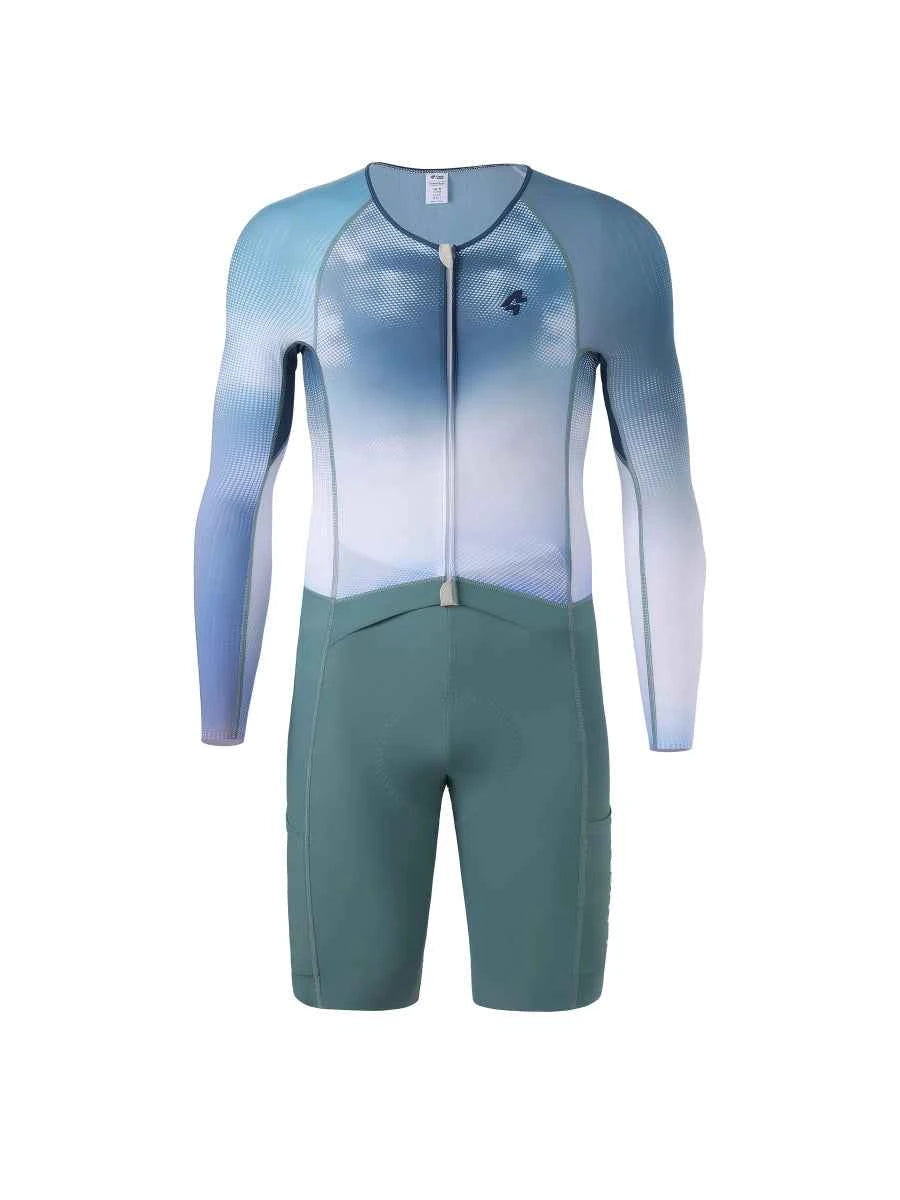 Mäns pro cykelskinsuit 2025SSS610 med långa ärmar överdel med blå-vit gradient och enfärgad teal shorts