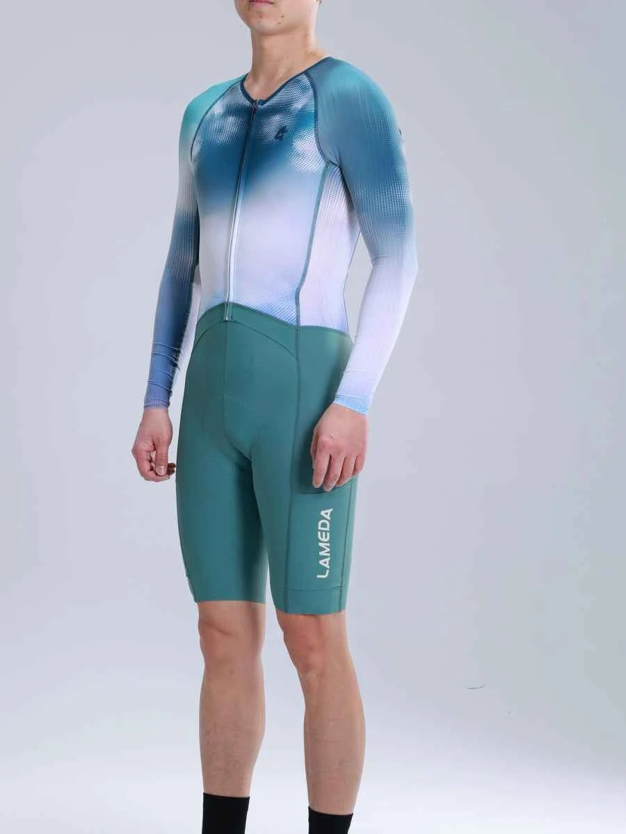 Mäns pro cykeldräkt 2025SSS610 i graderad blågrön och vit med gröna shorts och LAMEDA-logotyp på sidan