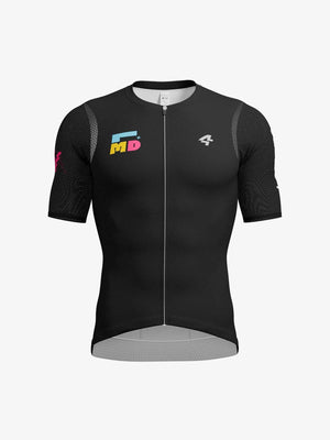 Black mirage unisex cycling jersey with full zipper, colorful md logo, and gray mesh shoulder panels by lameda mirage unisex