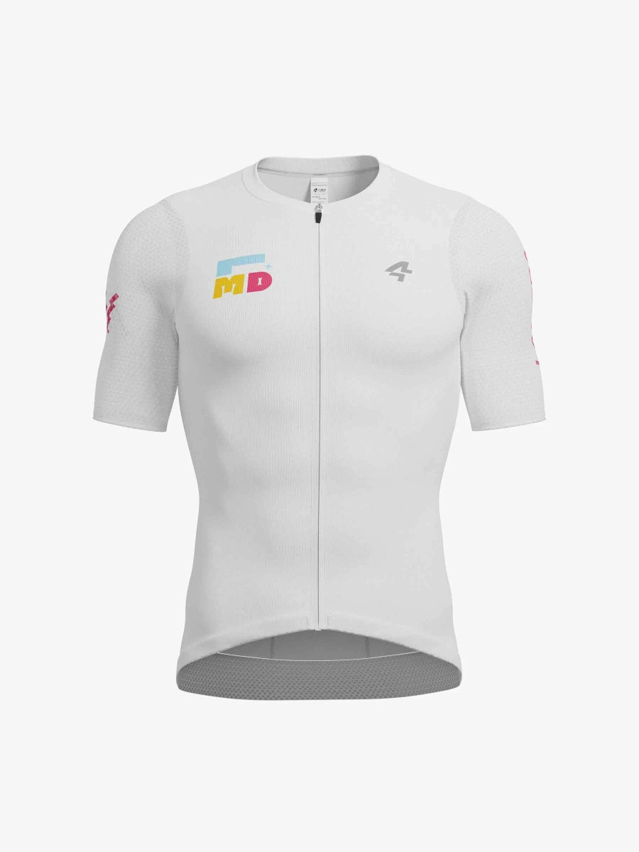 vit mirage unisex cykeltröja med korta ärmar, hel dragkedja, färgglad md-logo och grå LAMEDA emblem
