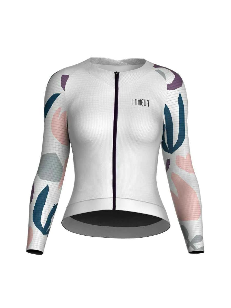 Neon dam LAMEDA neon långärmad cykeltröja med svart dragkedja och abstrakta blågröna rosa grå bladmönster på ärmarna i björkvitt