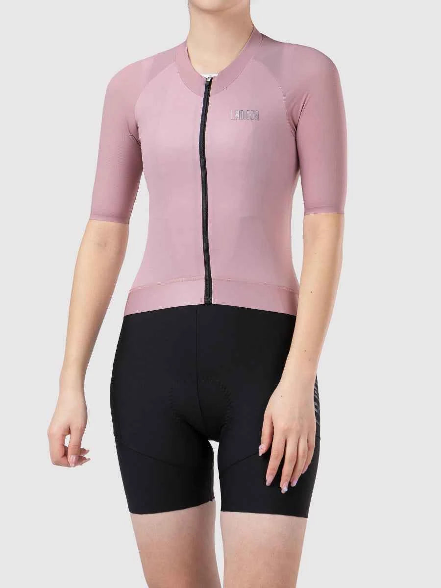 Stilren neonrosa kortärmad LAMEDA neon cykeltröja för kvinnor med svart blixtlås och diskret bröstlogotyp