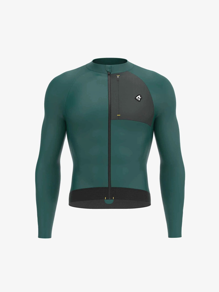 Mörk teal LAMEDA odyssey herrarnas cykeltröja med svarta axel- och fållpaneler, framdragkedja och vit logotyp på bröstet