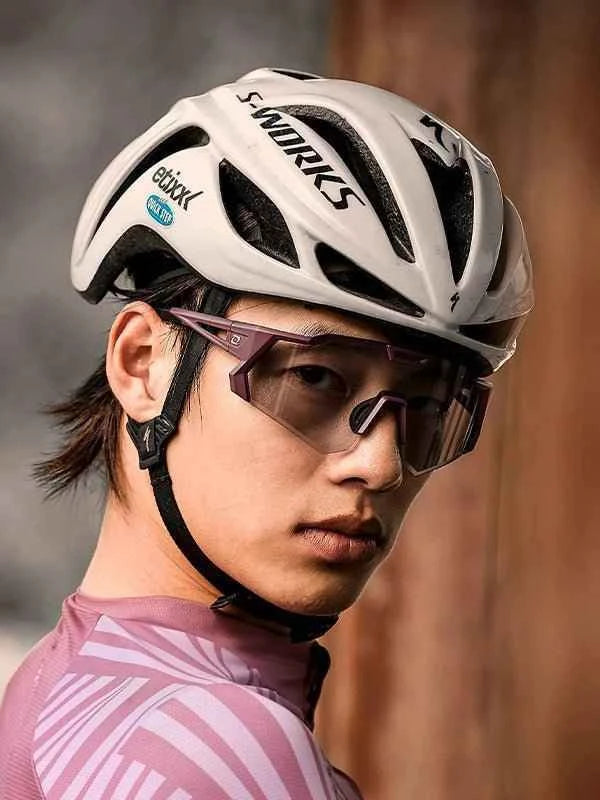Photochromic cycling sunglasses ls350 purple with white s-works helmet featuring black accents and aerodynamic design