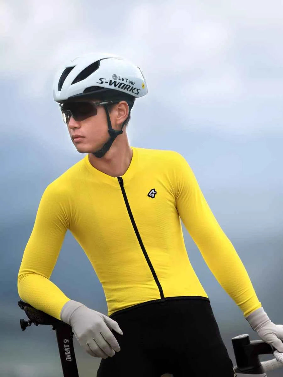 Ljusgul långärmad LAMEDA polar night termisk cykeltröja för män med svart dragkedja och fleecematerial