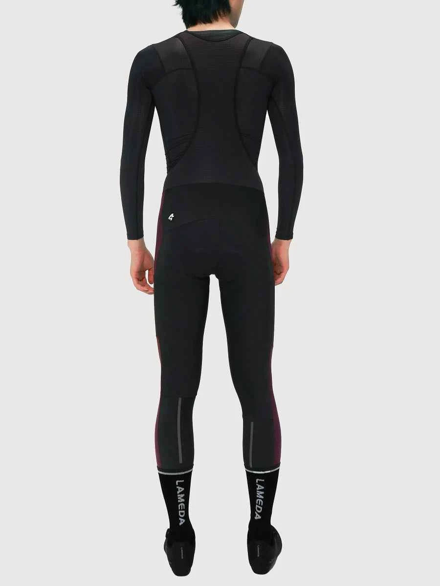 Svart termisk fleece-beklädd cykelhängsel-tights s441 med diskreta lila och grå reflekterande ränder längs benen
