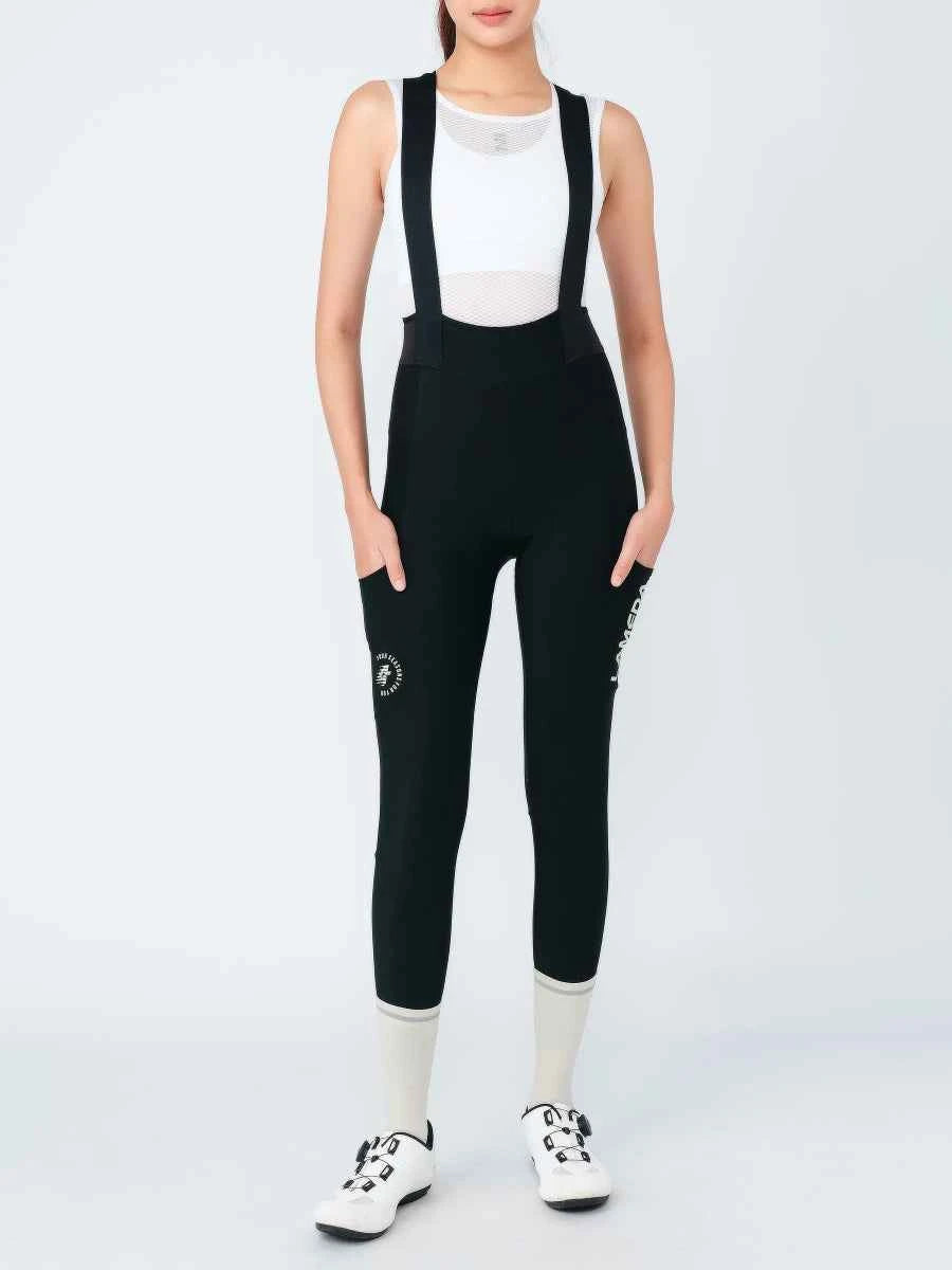 Svart pro kvinnors termisk fleece bib tights s469 med vit märkning och resårmidja för cykling