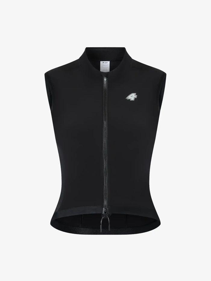 Black sleeveless zip-up pulse 20th anniv special women’s vest with subtle white logo and 4-way stretch fabric