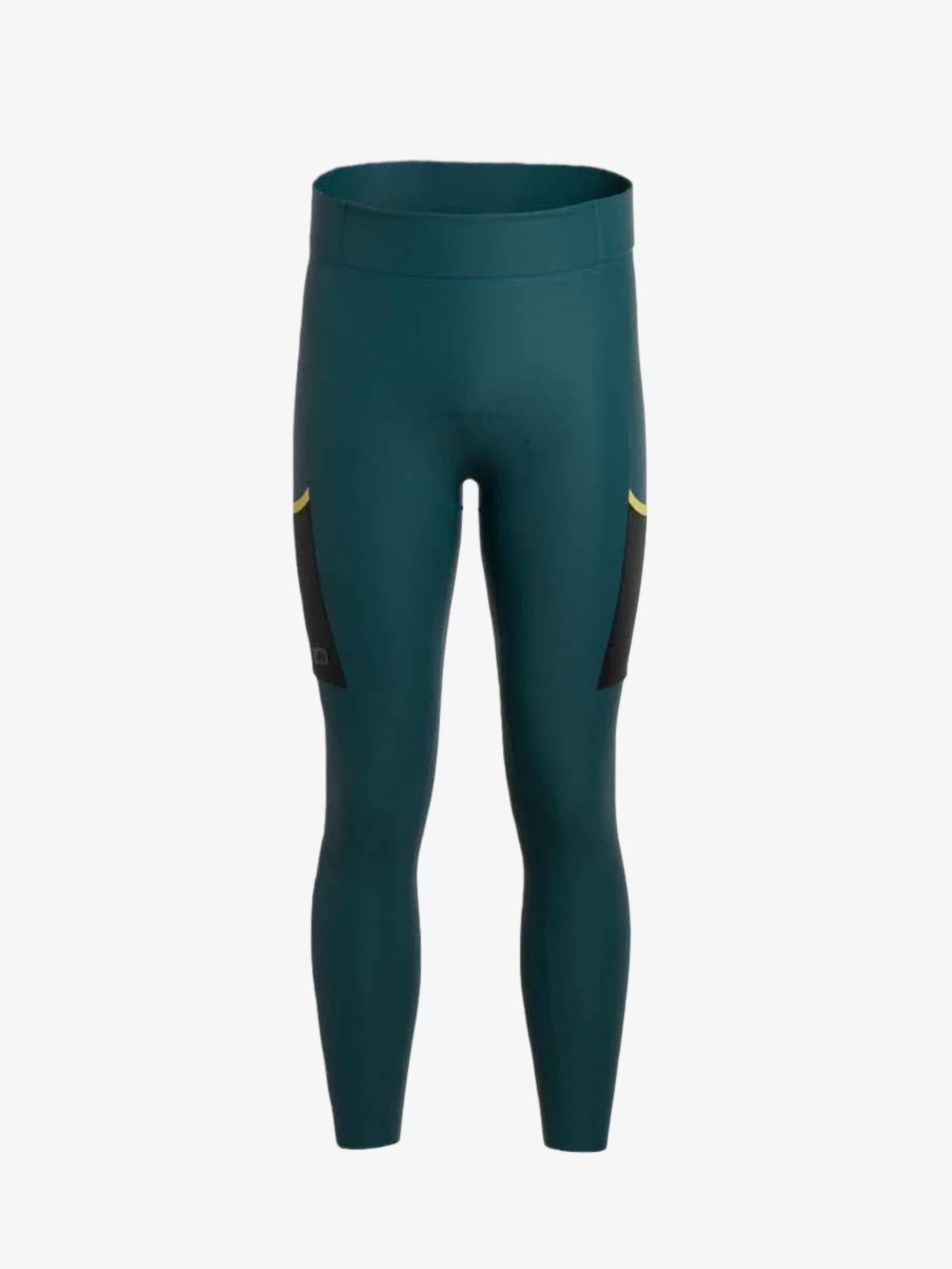 Teal high-waisted Serenity men’s cycling leggings with black and yellow side panels for cycling performance