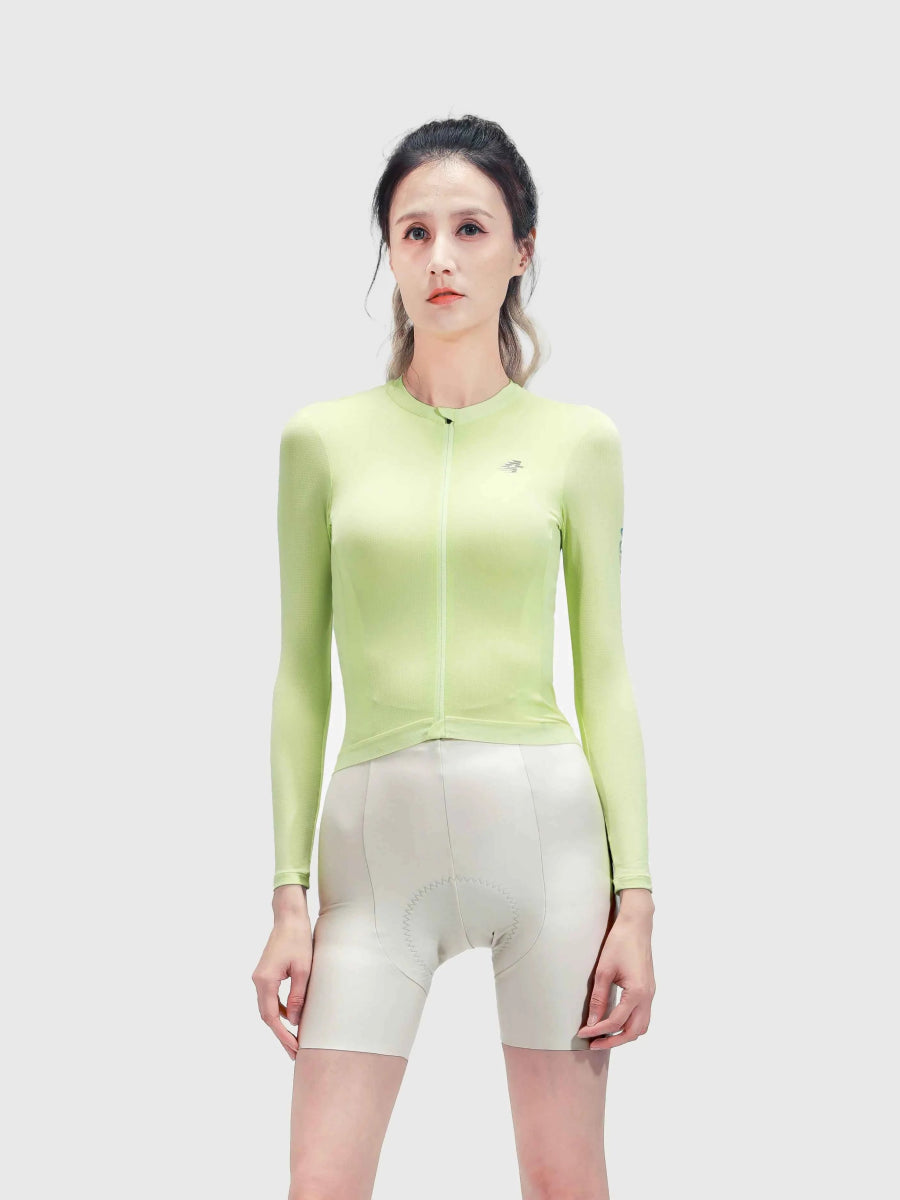 LAMEDA quill dames wielershirt met lange mouwen perengeel met volledige rits en antislipzoom voor wielrennen