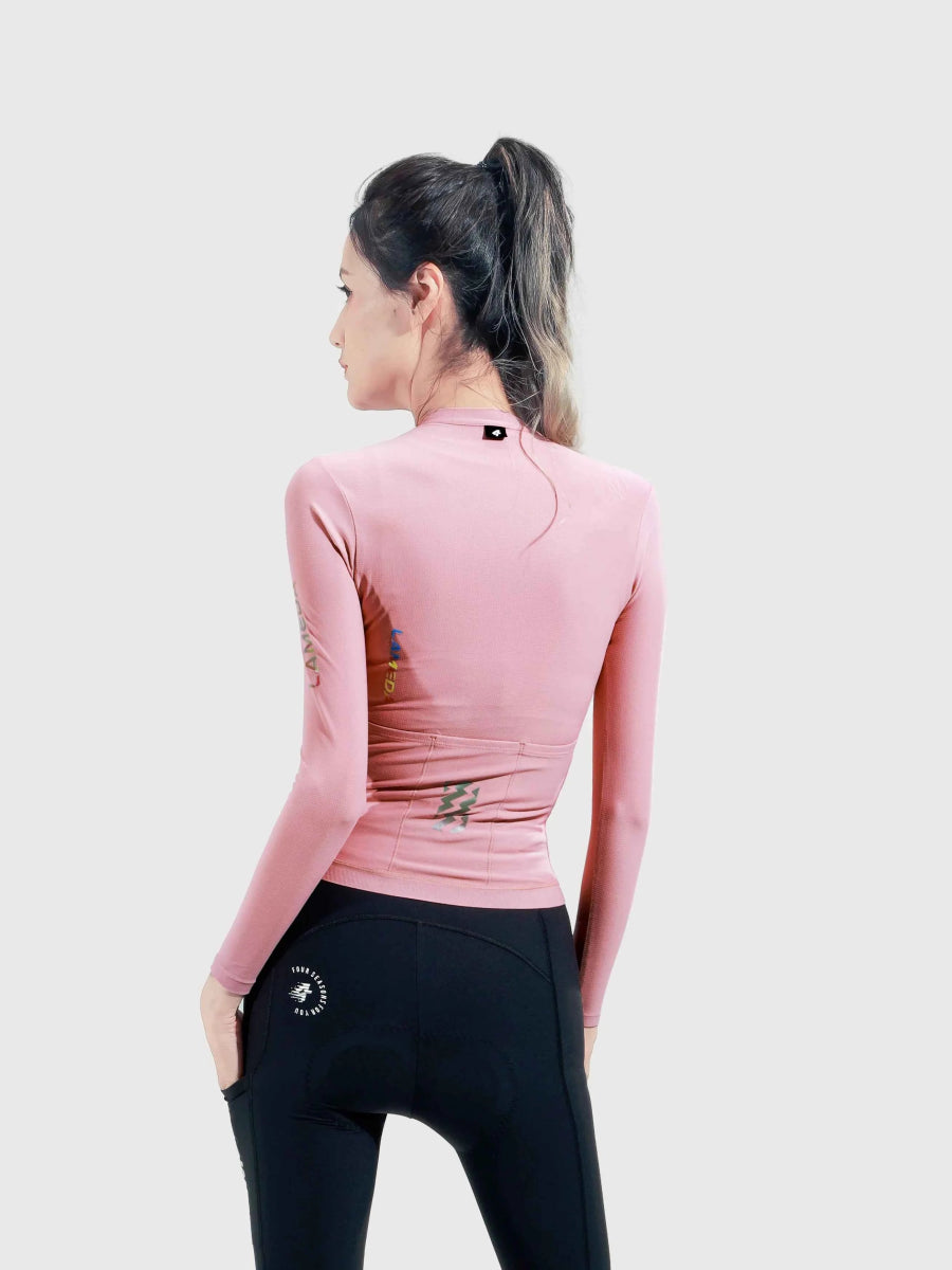 LAMEDA quill damska koszulka rowerowa prism pink z długimi rękawami wysokim kołnierzem i antypoślizgową dolną krawędzią do aktywnego użytku