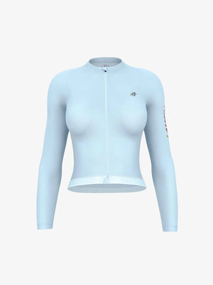Light blue lameda quill women’s cycling jersey with long sleeves full-length zipper and anti-slip hem for performance