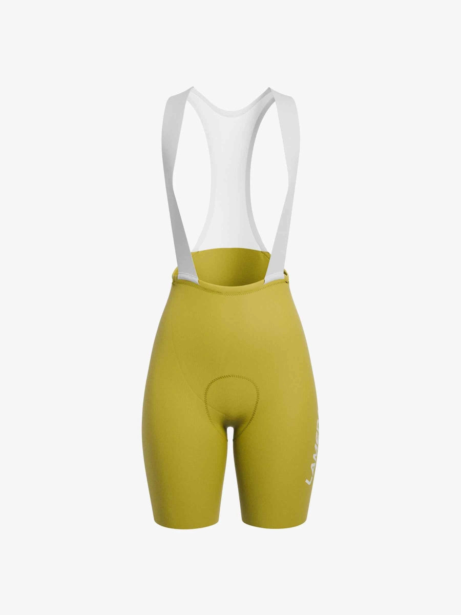 Radiant damcykelbibshorts i gula med vita justerbara hängband och en diskret varumärkeslogotyp på sidan