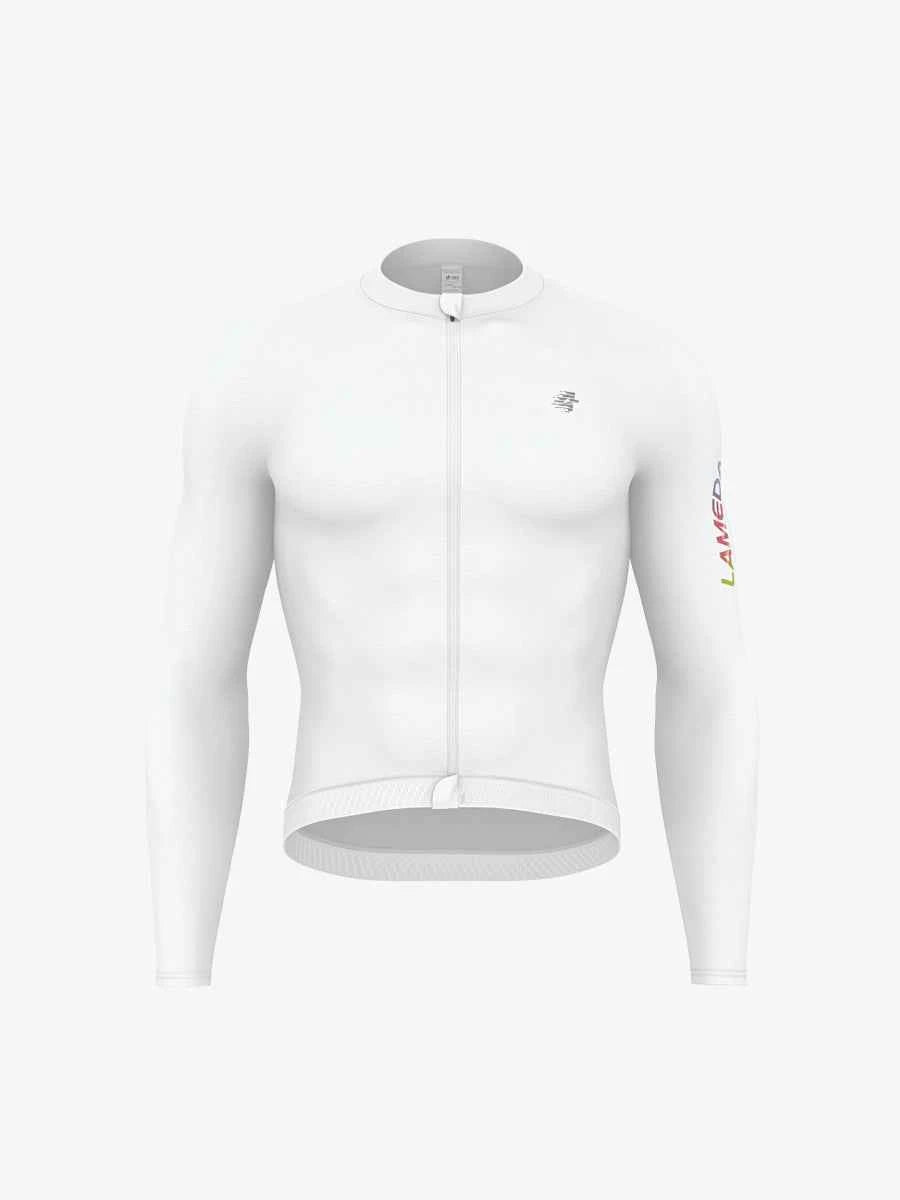 White Realm herrars långärmad cykeltröja med halkfri nederkant, diskret logotyp på bröstet och LAMEDA-text på ärmen