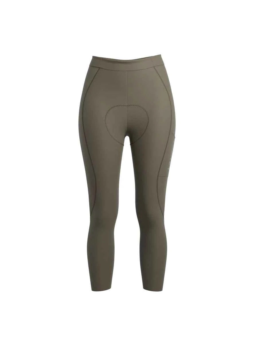 Olivgröna LAMEDA release kvinnors cykeltights med vadderad sadeldel och sömlös konstruktion visade från baksidan