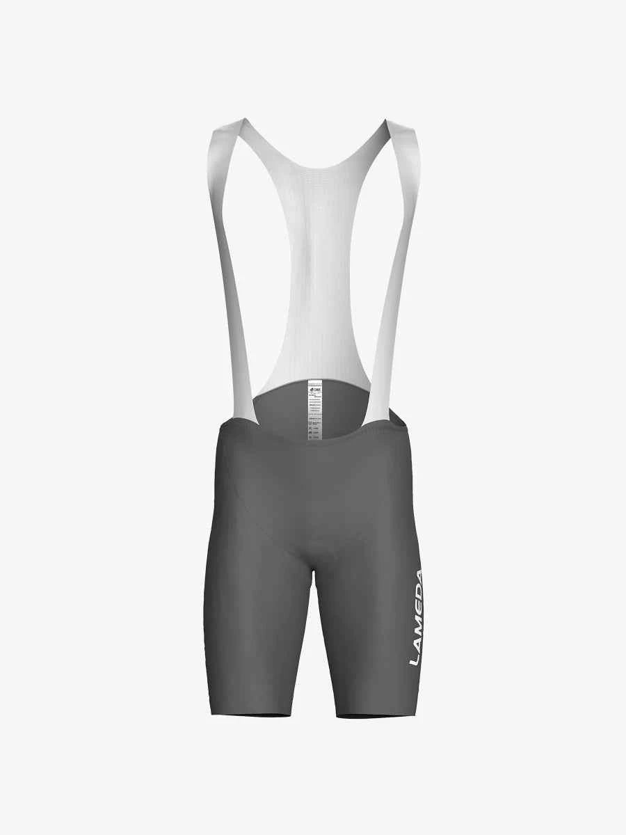 Graugrüner Schatten Herren Radsport-Trägerhose aus atmungsaktivem Lameda-Mesh-Gewebe mit weißen Trägern und dezentem Logo am Bein