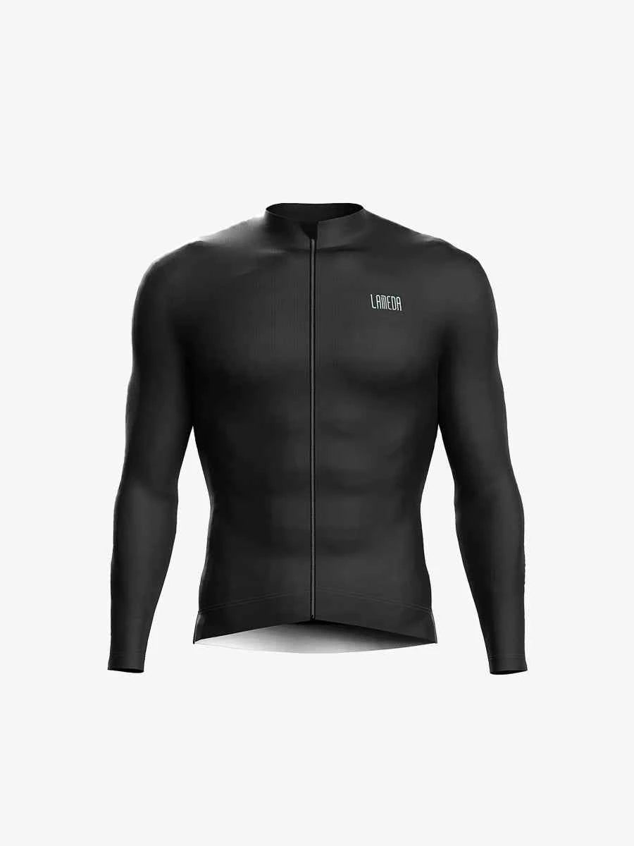 Svart glansig unisex termisk cykeltröja av fleecematerial med diskret LAMEDA-logotyp och vattentäta fickor