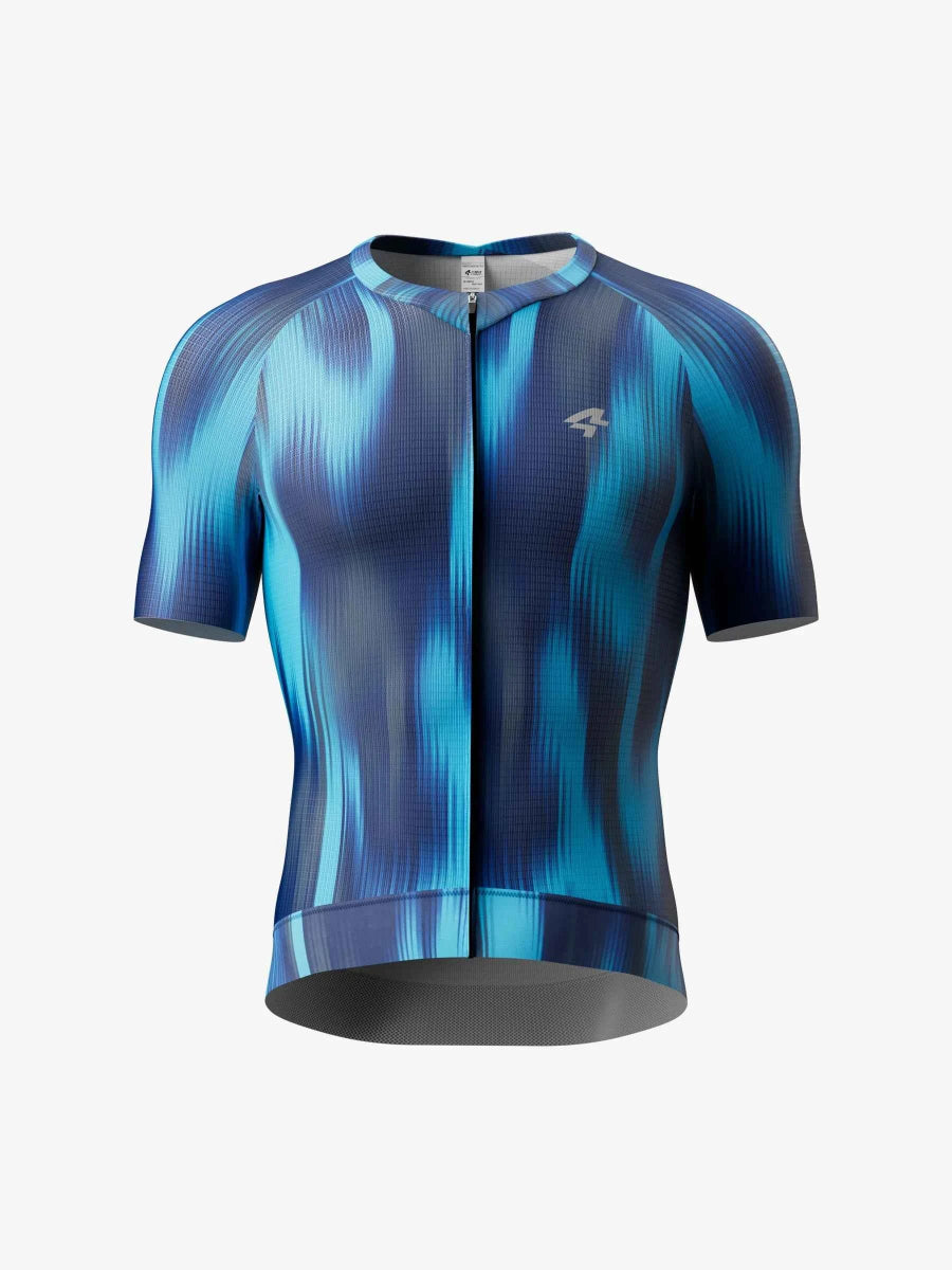 Blå och teal abstrakt vågmönstrad kortärmad cykeltröja med hel dragkedja LAMEDA sihouette herr halo blue