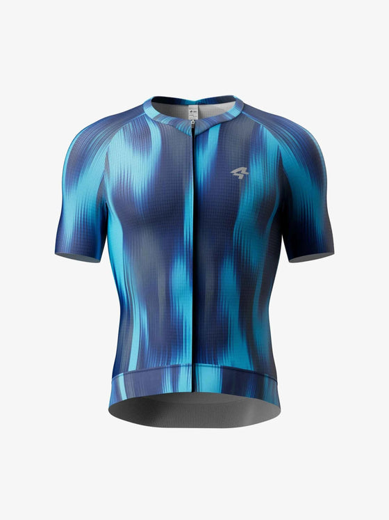 Blue and teal abstract wave-patterned short-sleeve cycling jersey with full-length zipper lameda sihouette men’s halo blue