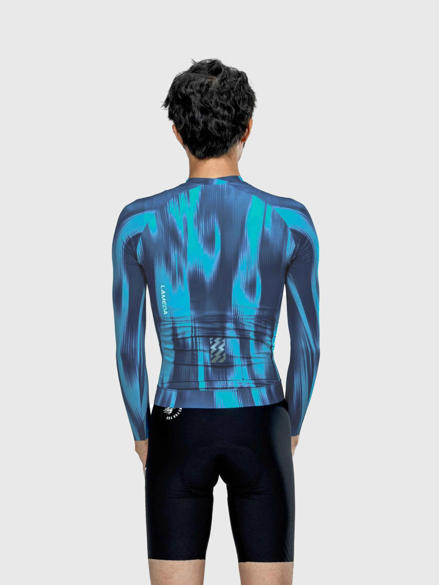 Silhouette herr långärmad cykeltröja i halo blue med flammönster tillverkad av toray polyester för cykling