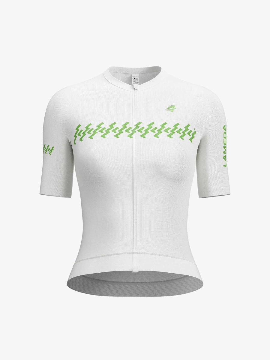 Vit lamex cykeltröja med limegrönt sicksackmönster och silikonlogotyp på ärmen från LAMEDA slumber damkollektion
