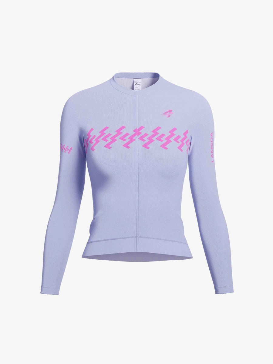 Ljuslila LAMEDA slumber långärmad damcykeltröja med rosa sicksack och silikonvarumärke på ärmen romantisk lila