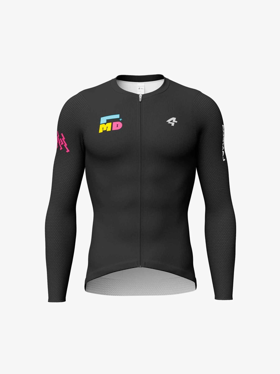 Svart LAMEDA sparkle herrars långärmad cyklingtröja med hel dragkedja och färgglada logotyper på bröst och ärmar
