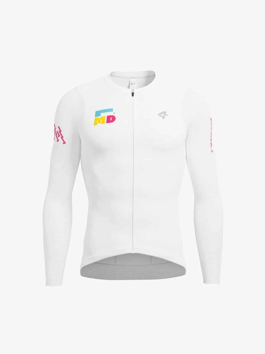 Vit långärmad LAMEDA sparkle herrcykeltröja med färgglatt fmd-logo och diskret röd varumärkning på ärmarna