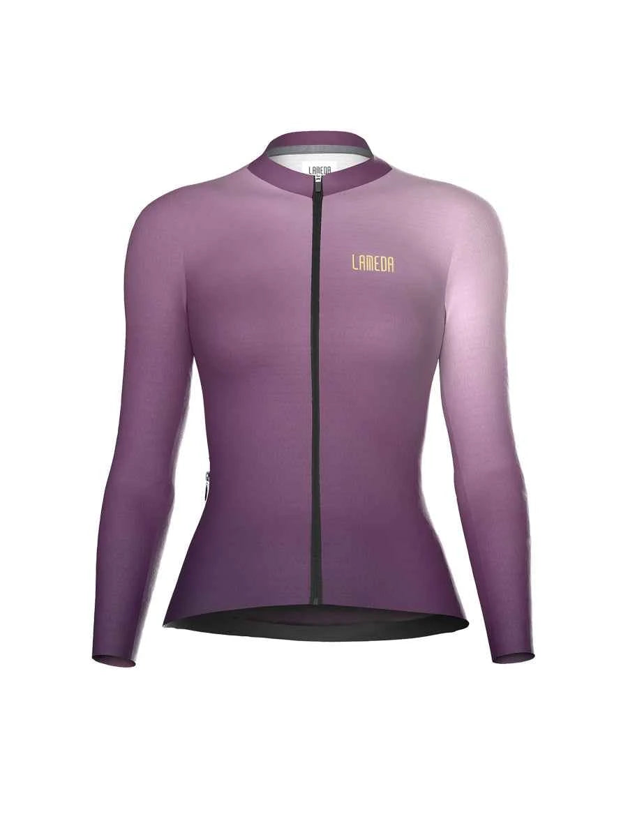 Lila gradient långärmad LAMEDA splendid cyklingtröja med svart YKK-dragkedja och guldig iriserande logotyp på bröstet