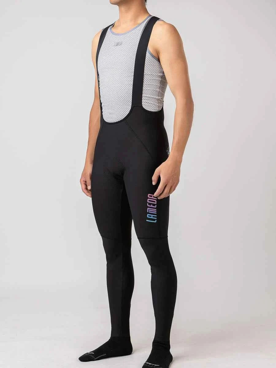 Zwart starlight heren fiets bibtights met bovenpaneel van grijs gaas en roze-blauw LAMEDA-logo op linker dijbeen