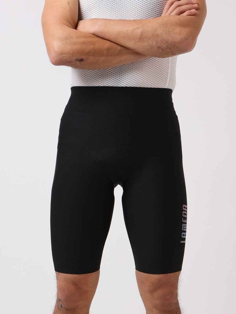 Black lameda starlight men’s cycling shorts with sleek 4-way stretch fabric and subtle side branding for performance use