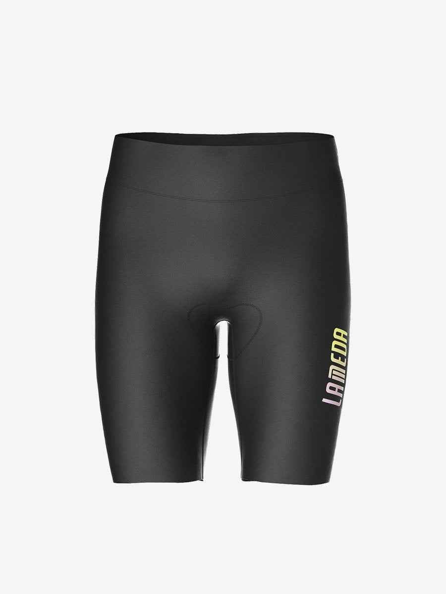 Black lameda starlight men’s cycling shorts with sleek 4-way stretch fabric and subtle neon yellow branding on the side