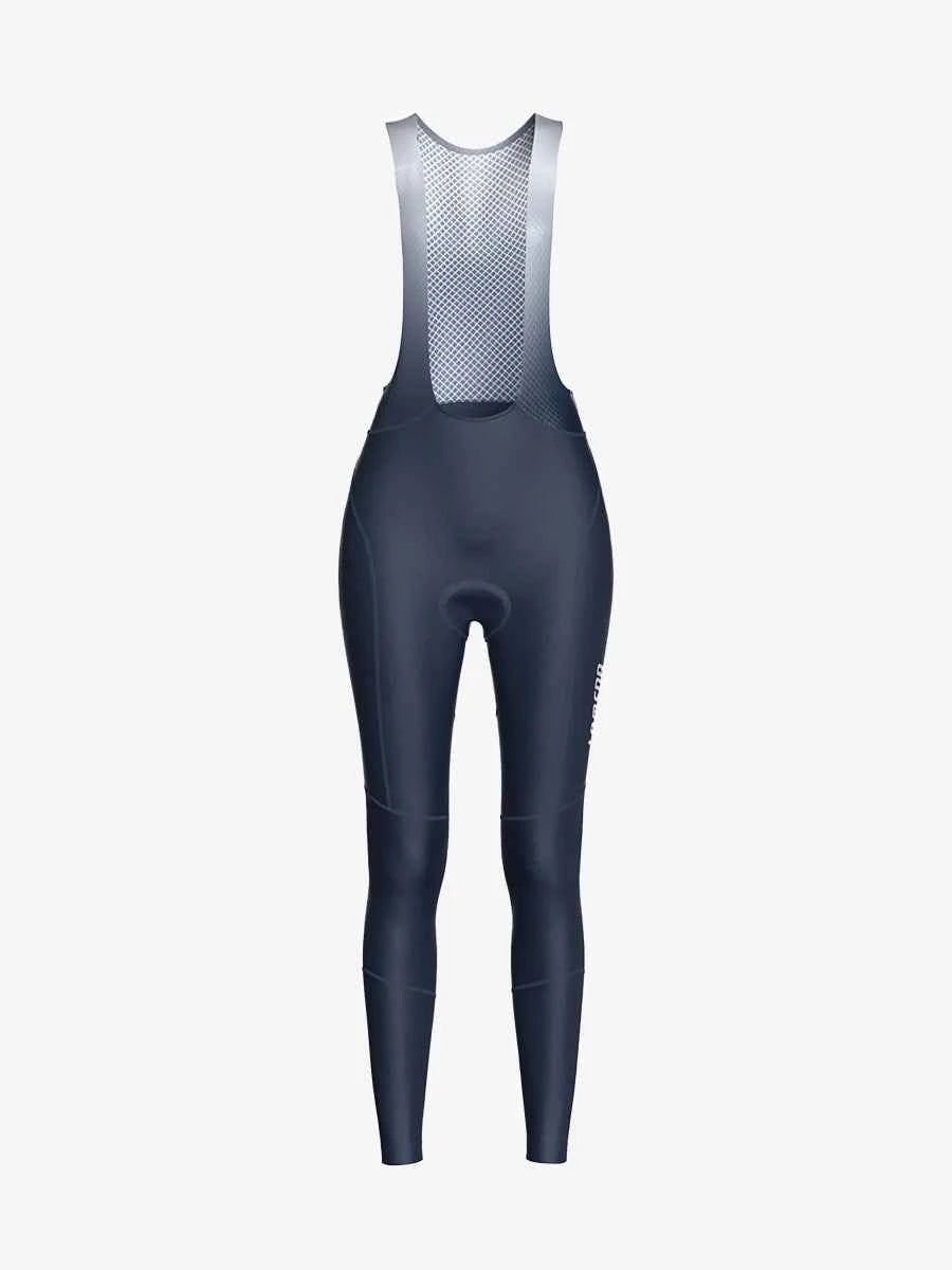 mörk marinblå sunset dams termisk fleecefodrad bib-tights med ryggpanel av nät och diskret logotyp på benen för tidig vintercykling