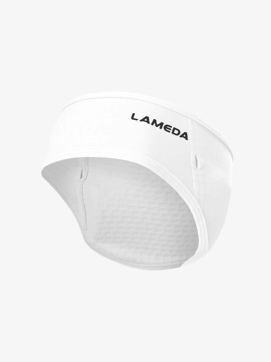 Thermischer Ohrenwärmer in Weiß mit glattem weißem Lamé-Stirnband, atmungsaktivem Gewebe und sonnenbrillentauglichem Design