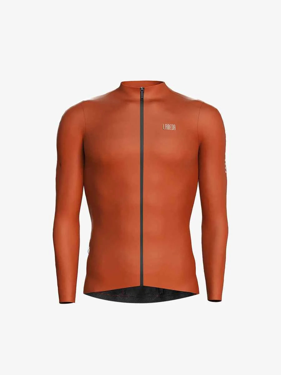 Strömlinjeformad rostorange LAMEDA trascend fleecefodrad termisk herr-cykeltröja med svart dragkedja och diskret logotyp på bröstet