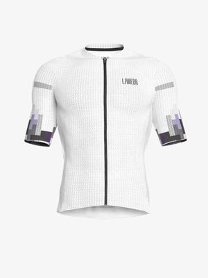 White lamea cycling jersey with textured knit fabric and pixelated gray purple accents in a relaxed fit for men