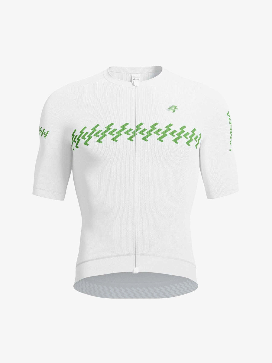 Verde herrcykeltröja i vit med grön sicksack, sömlösa muddar, reflekterade detaljer och fullängdad blixtlås