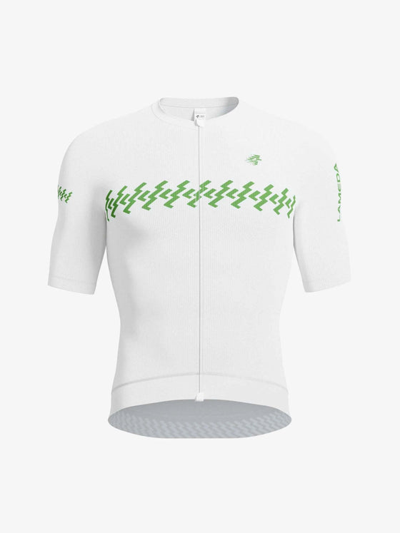 Verde men cycling jersey in white with green zigzag, seamless cuffs, reflective accents, and full-length zipper