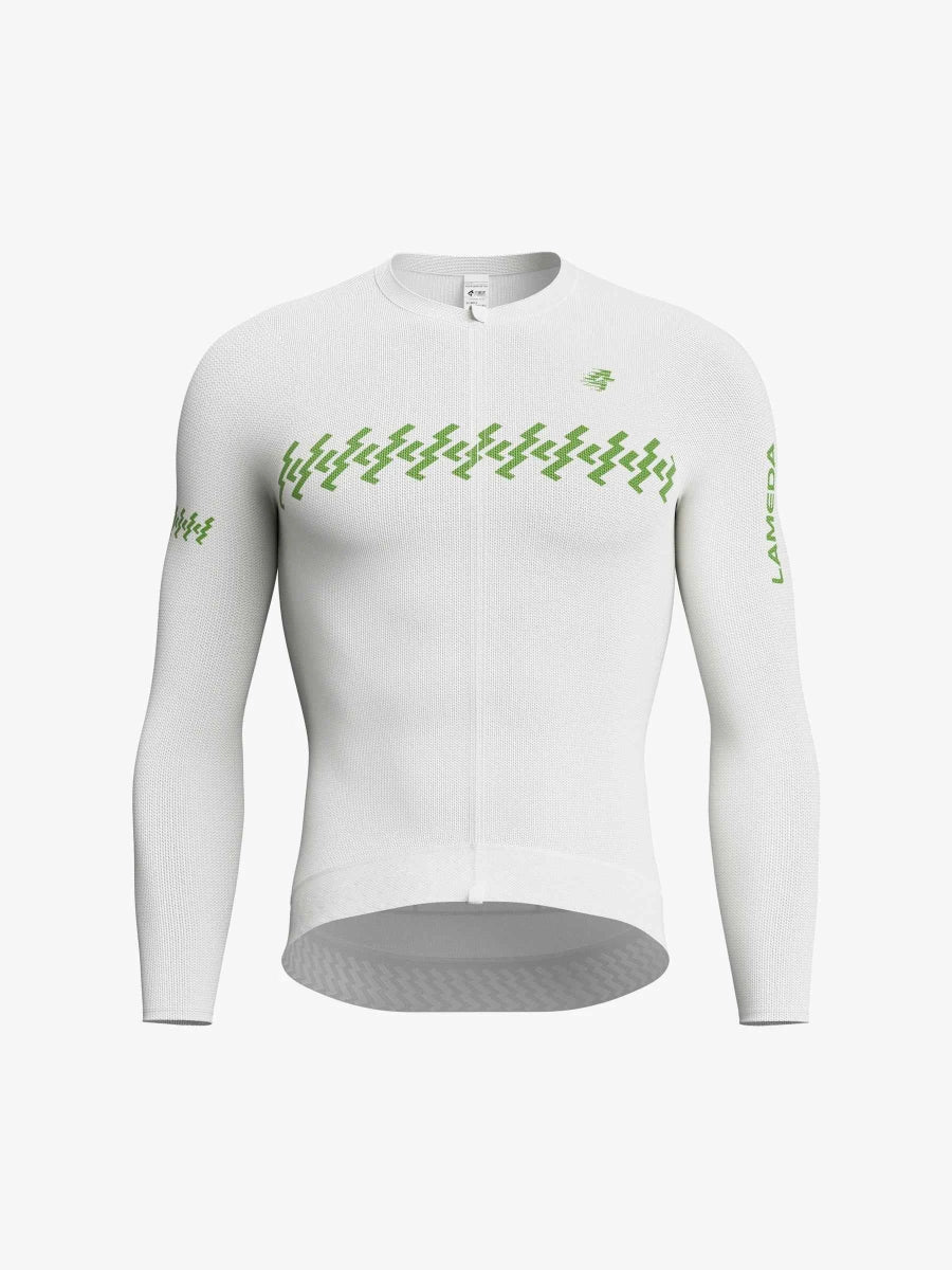 Vit LAMEDA verde herrers långärmad cykeltröja med limegrönt sicksackmönster och snabbtorkande tyg